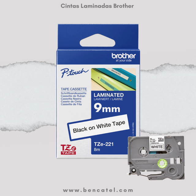 Cinta Laminada Brother TZe-221 9mm x 8m Negra sobre Blanco Etiquetas Originales