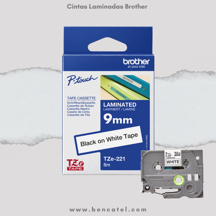 Cinta Laminada Brother TZe-221 9mm x 8m Negra sobre Blanco Etiquetas Originales