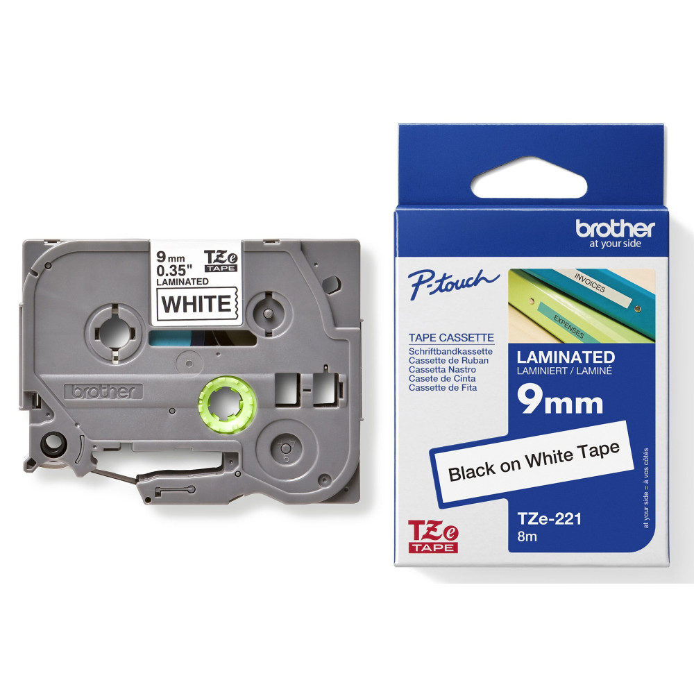 Cinta Laminada Brother TZe-221 9mm x 8m Negra sobre Blanco Etiquetas Originales