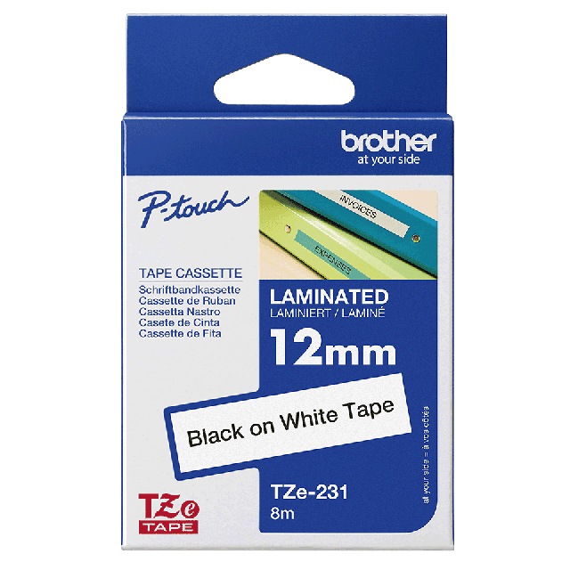 Cinta Laminada Brother TZe-231 12mm x 8m Negra sobre Blanco Etiquetas Originales