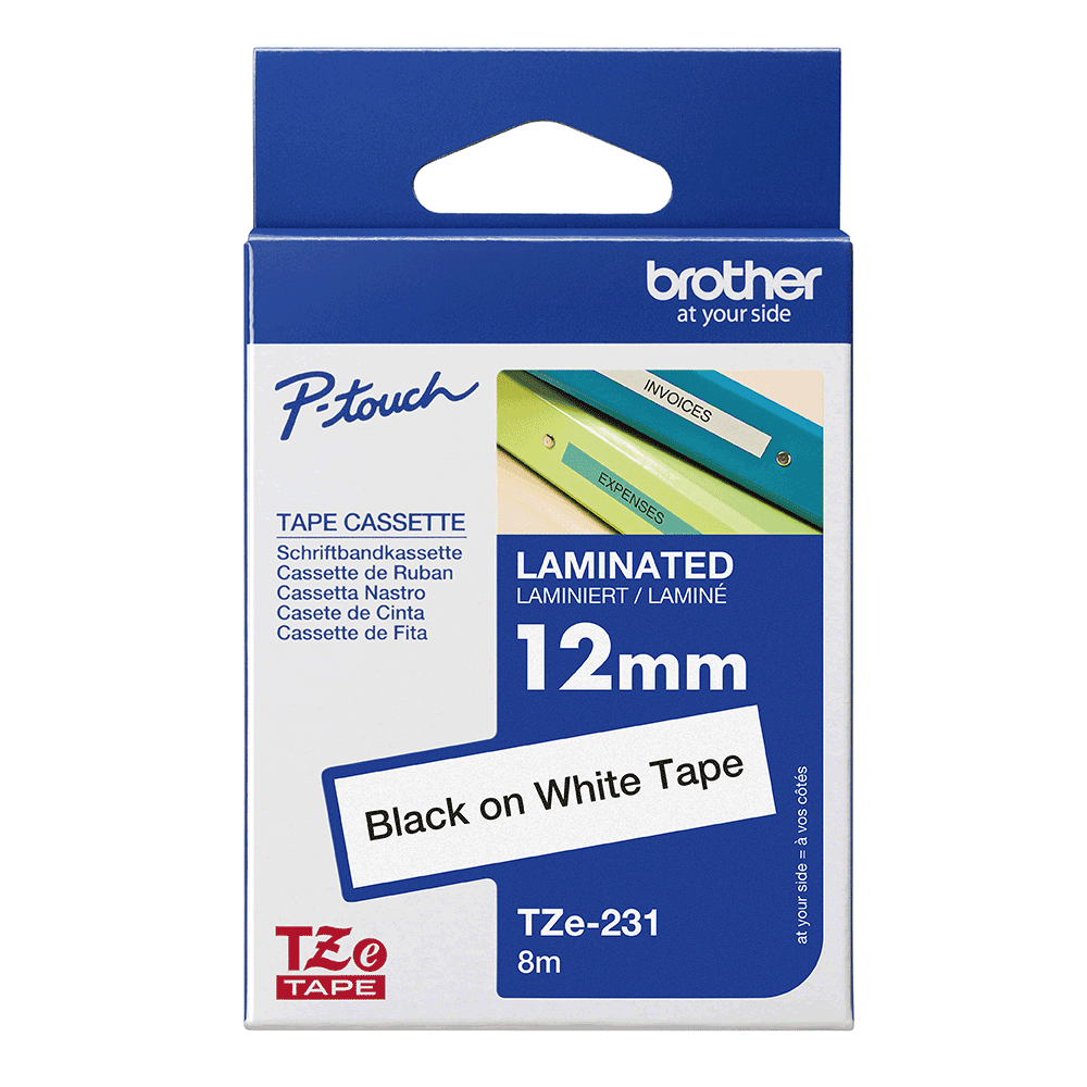 Cinta Laminada Brother TZe-231 12mm x 8m Negra sobre Blanco Etiquetas Originales