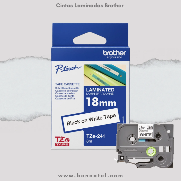 Cinta Laminada Brother TZe-241 18mm x 8m Negra sobre Blanco Etiquetas Originales