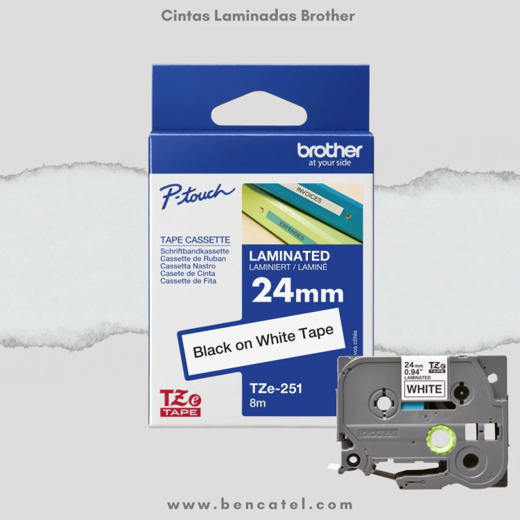 Cinta Laminada Brother TZe-251 24mm x 8m Negra sobre Blanco Etiquetas Originales