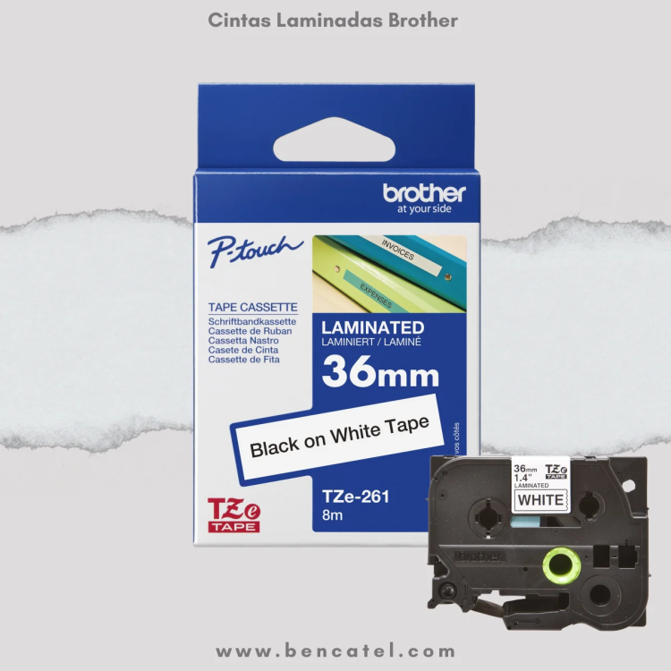 Cinta Laminada Brother TZe-261 36mm x 8m Negra sobre Blanco Etiquetas Originales